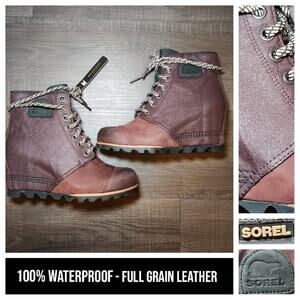 Sorel PDX Wedge Booties Women’s 8 Brown Waterproof Nubuck Lace Up NWOB